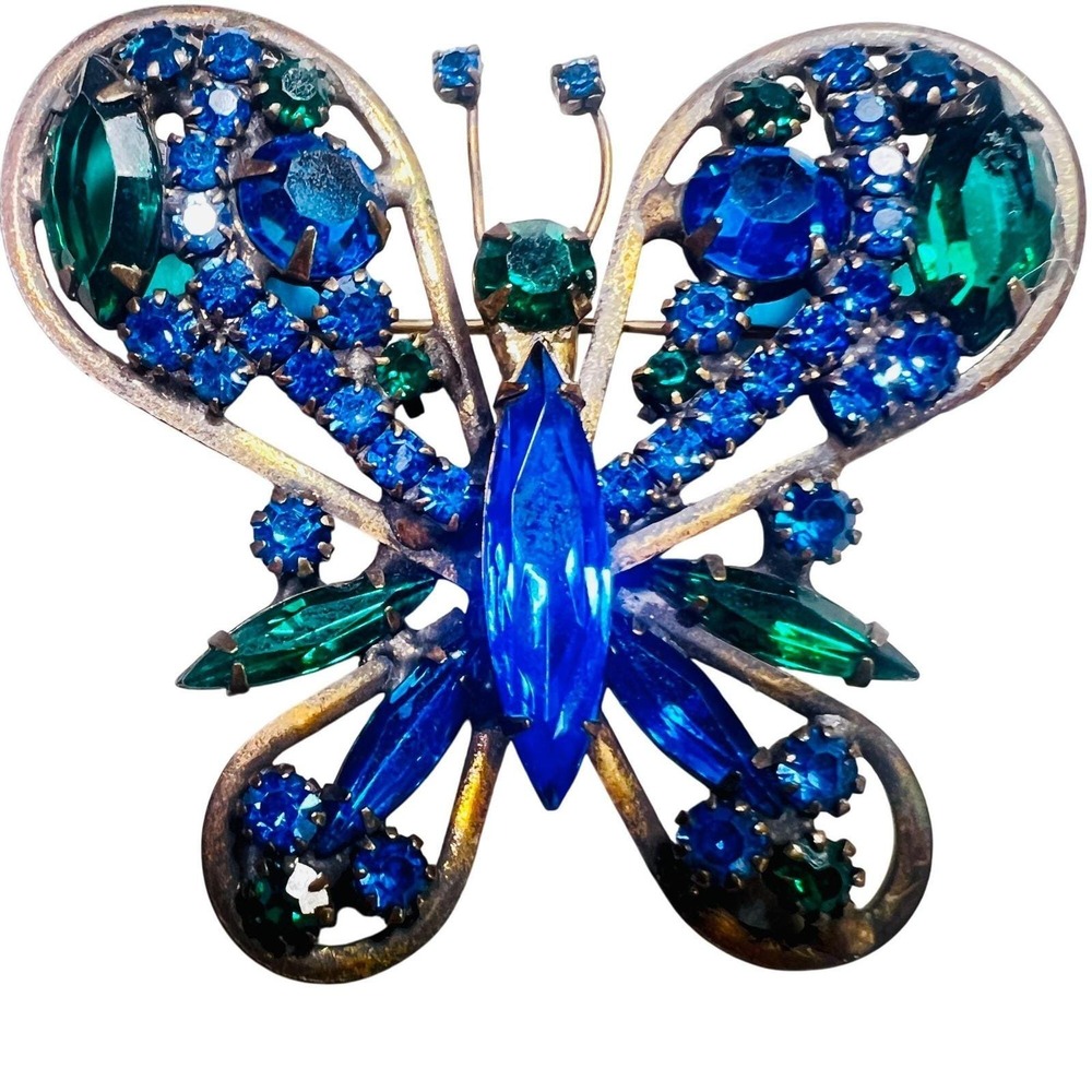 Vintage Rhinestone Brooch Pin Blue Green‎ Dimensional Butterfly Unsigned